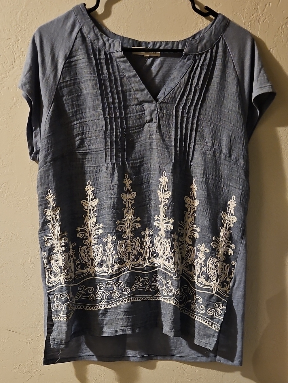 Blue Embroidered Short-Sleeve V-Neck Tunic